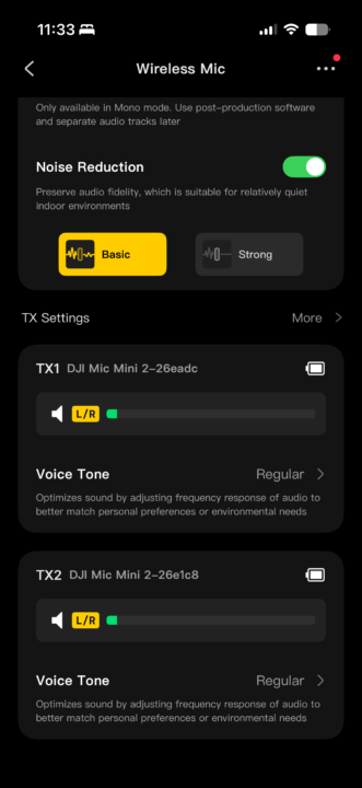 DJI Mimo interface showing interface with noise reduction