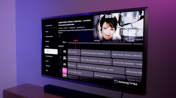 Samsung TV+ interface showing channels on S95H OLED TV