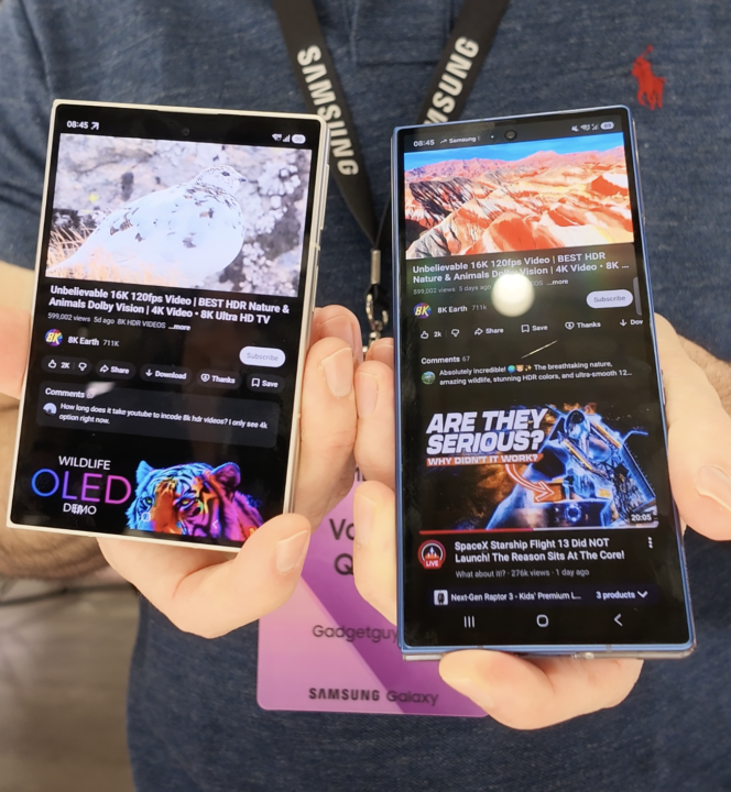 Samsung's Galaxy Z Fold8 and Galaxy Z Fold8 Ultra side by side showing video in portrait mode.