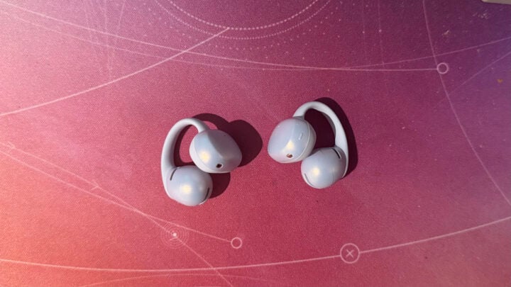 Shokz OpenDots Air earbuds on deskmat