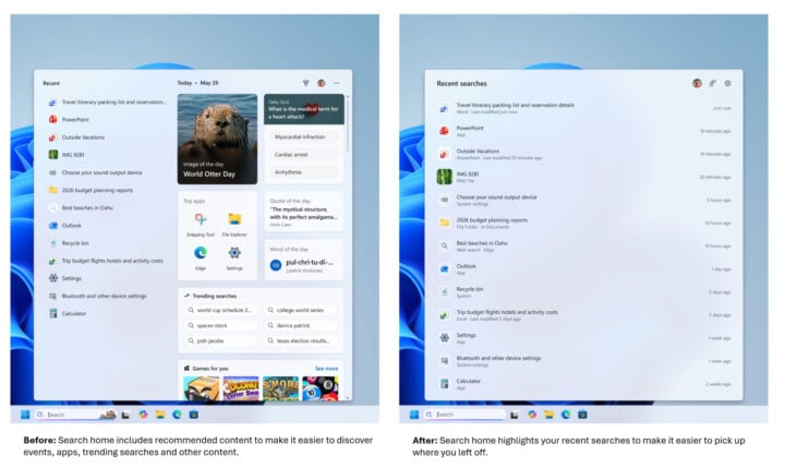 Windows search box preview before and after without ads