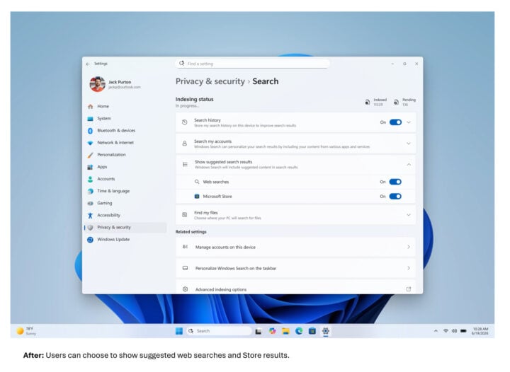 Windows search box preview content settings