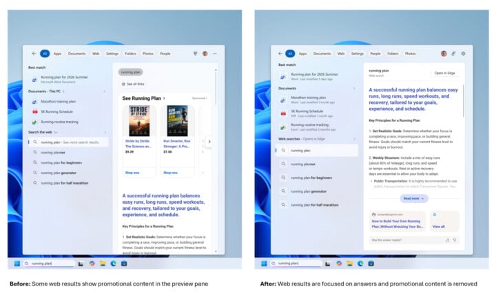 Windows search box preview web results