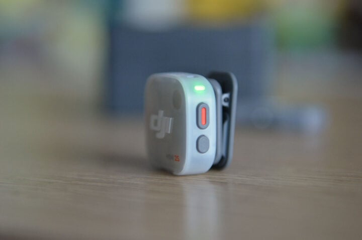 DJI Mic Mini 2S transmitter buttons side angle