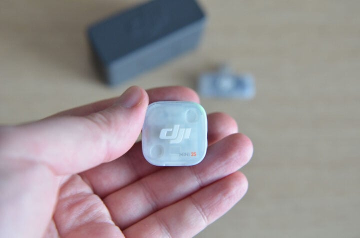 DJI Mic Mini 2S transmitter in hand