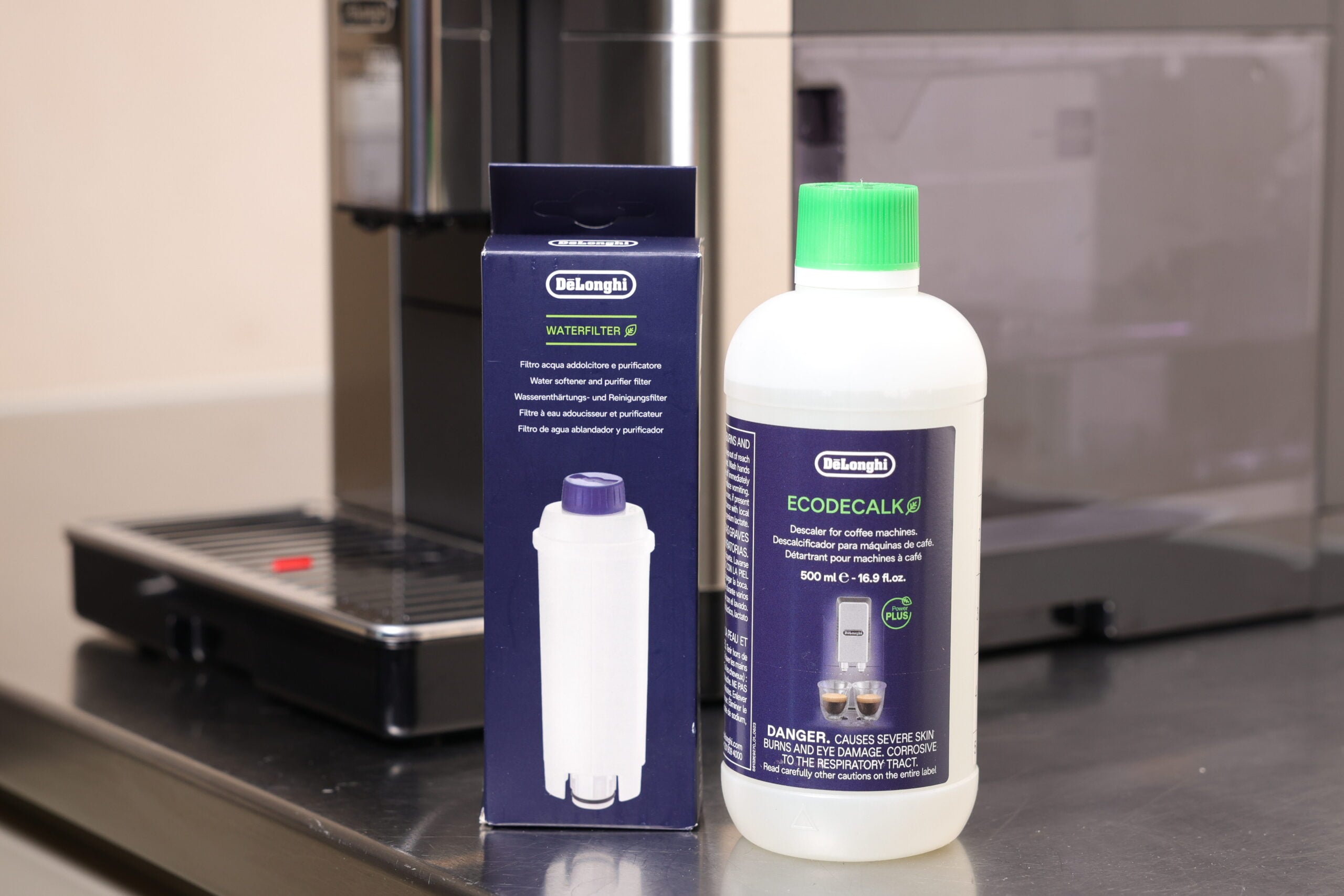 De'Longhi PrimaDonna's consumables including de-scaler and water filter.