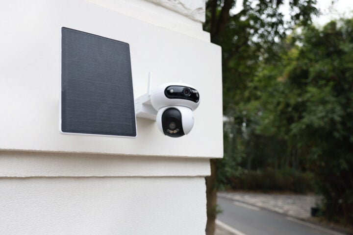 EZVIZ HB90 outdoor camera and solar panel on wall