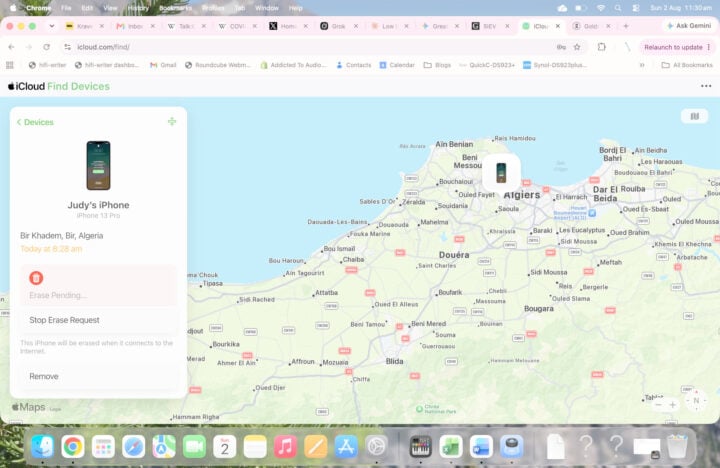 Find My iPhone stolen device zoomed out Algeria map