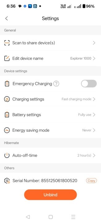 Jackery app settings menu