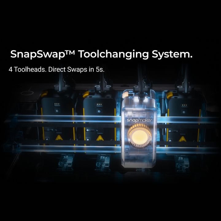 Snapmaker U1 SnapSwap toolchanging system with four toolheads, one selected and lit