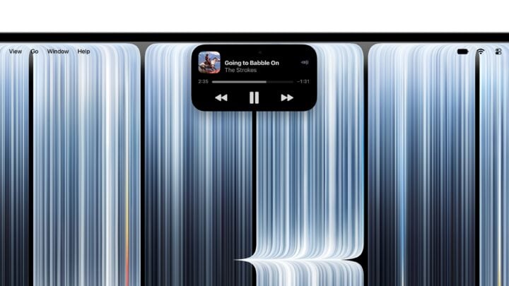Dynamic Island on MacBook Pro showing Apple Music playback controls