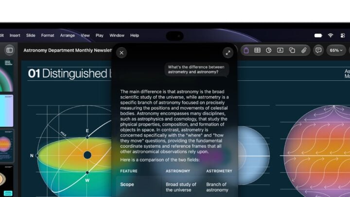 Siri AI answering a question in the Dynamic Island over a Keynote document on MacBook Pro