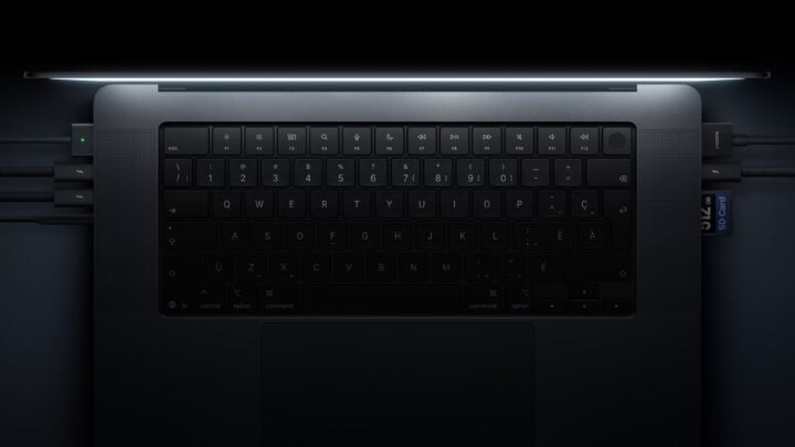Top-down view of the MacBook Pro keyboard with ports along each side