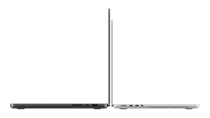 Side profile of the 14-inch and 16-inch MacBook Pro with PROLED XDR Display opened back to back