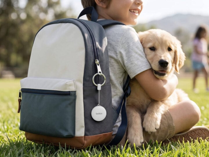 Belkin SureFind Spot tracker on child's backpack