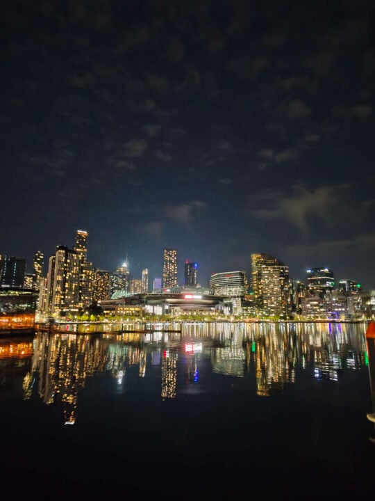 Docklands night photo with bright lighting