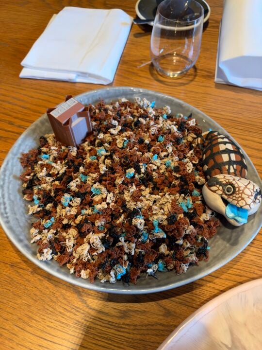 Plate piled with purged filament next to a 3D printed blue-tongue lizard