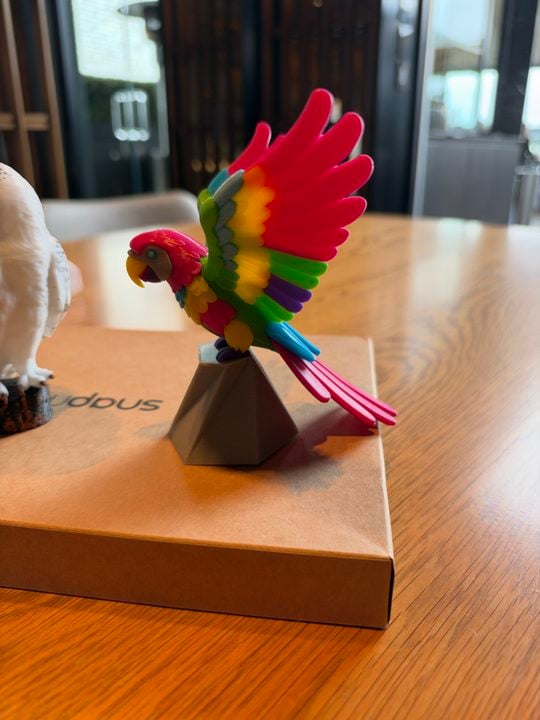 Multi-coloured 3D printed parrot made on the Snapmaker U1 using full-spectrum colour mixing