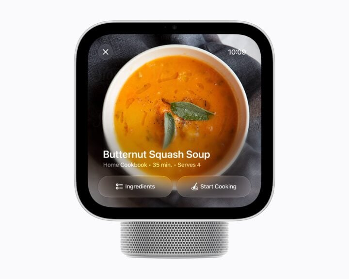 Apple HomeView showing a butternut squash soup recipe with Ingredients and Start Cooking buttons