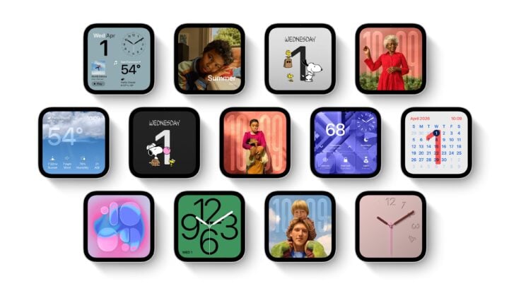 Grid of Apple HomeView faces including clocks, photos, weather, calendar, smart home controls and Snoopy