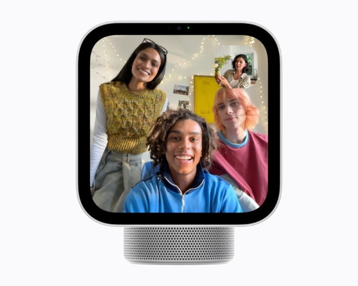 Group FaceTime call on Apple HomeView with three people in frame