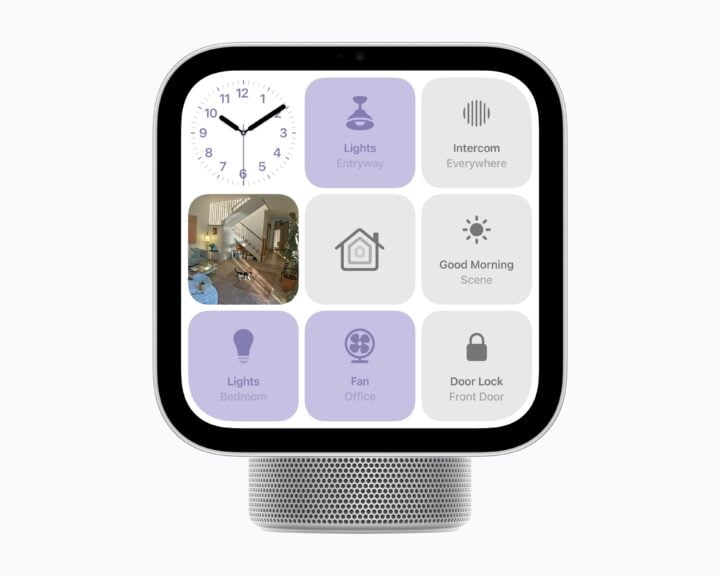 Apple HomeView screen showing smart home controls for lights, intercom, fan and door lock, plus a camera feed