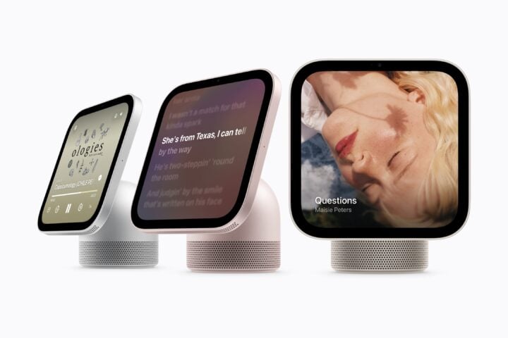 Three Apple HomeView displays showing Apple Podcasts, song lyrics and Apple Music album art
